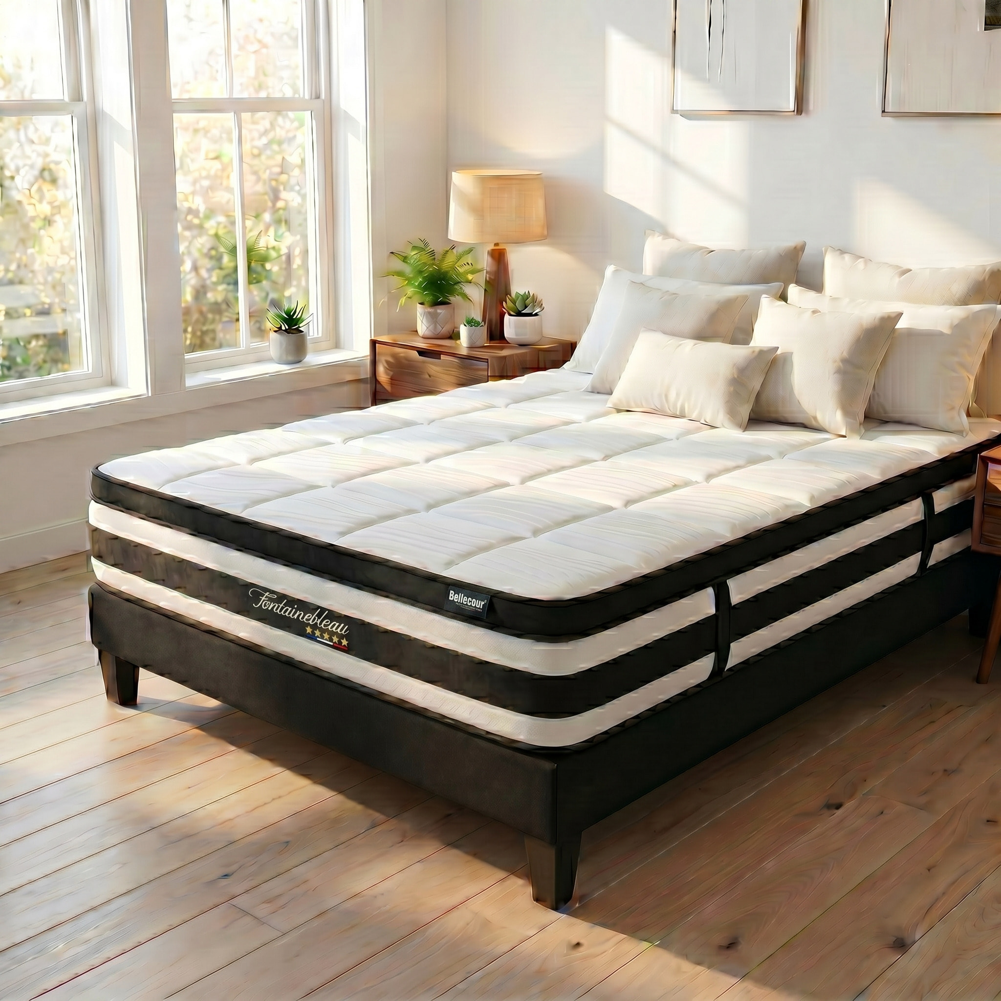 Ensemble Matelas Fontainebleau & Sommier KIT15, 25 cm, Ressorts Ensachés et Mousse polyuréthane, technologie Tri-Lattes, Soutien Ferme