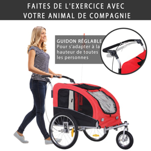 Remorque vélo jogger 2 en 1 pour animaux drapeau roue avant pivotante réflecteurs et barre d'attelage inclus rouge noir