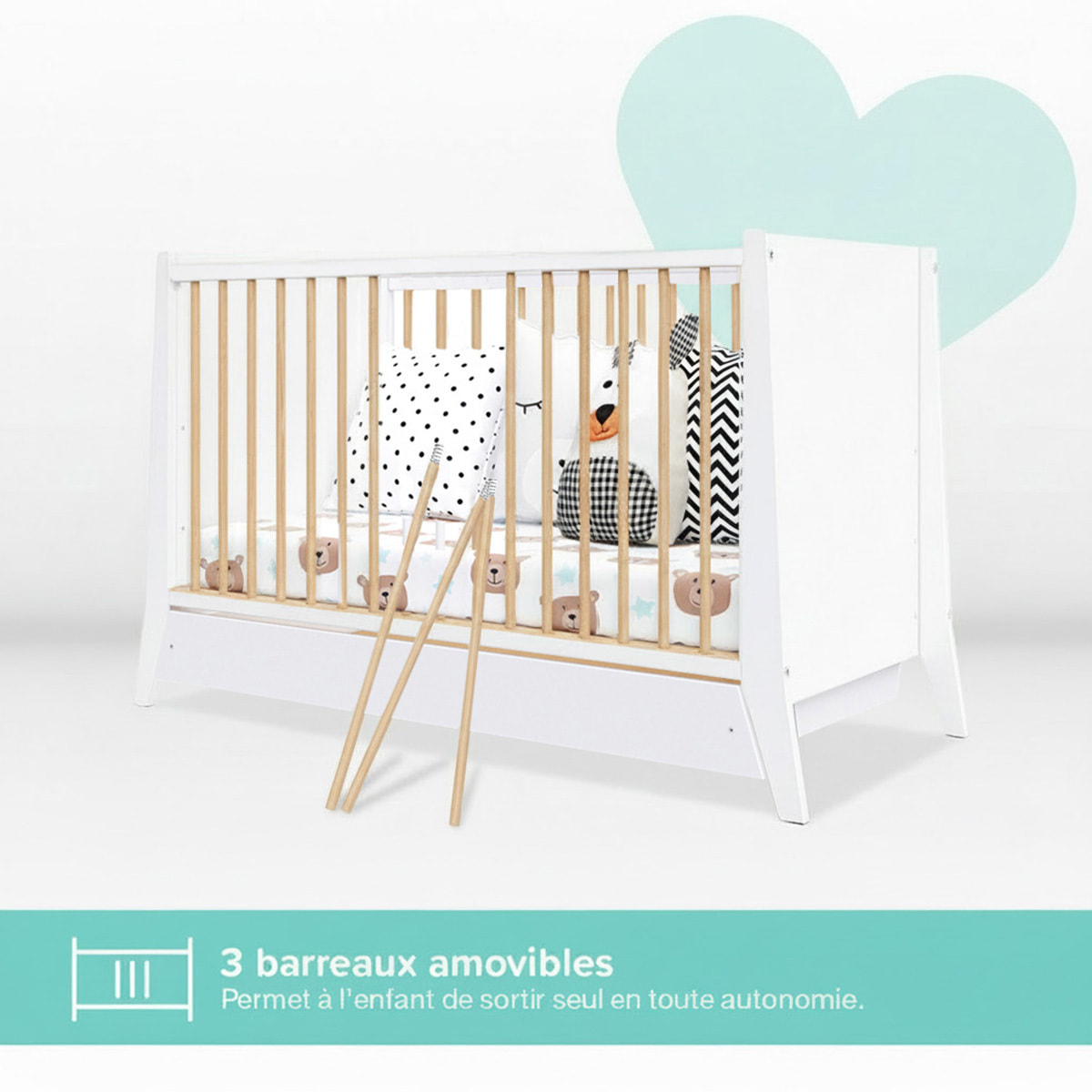 Lit Evolutif Timéo à barreaux 60 x 120 cm, Couleur Blanc & Bois, En Bois, 3 Hauteurs, Tiroir intégré, Barreaux amovibles