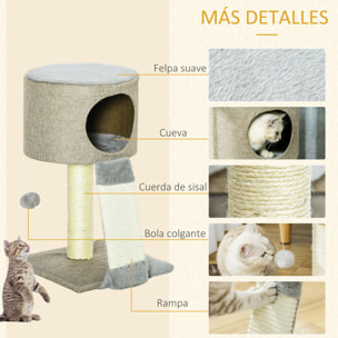 Árbol Rascador Gatos con Cueva Rampa Poste de Sisal y Bola Colgante 30x30x50 cm