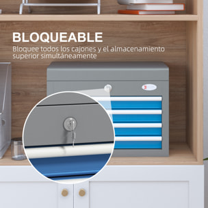 DURHAND Caja de Herramientas Metálica Maletín de Herramientas con 4 Cajones Bandeja Superior Cerradura y Asas Laterales Carga 20 kg 45x24,5x32,5 cm Gris y Azul