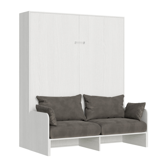 Armoire Lit escamotable vertical double 160 KENTARO avec canapé Frêne Blanc (ALESSIA 20)