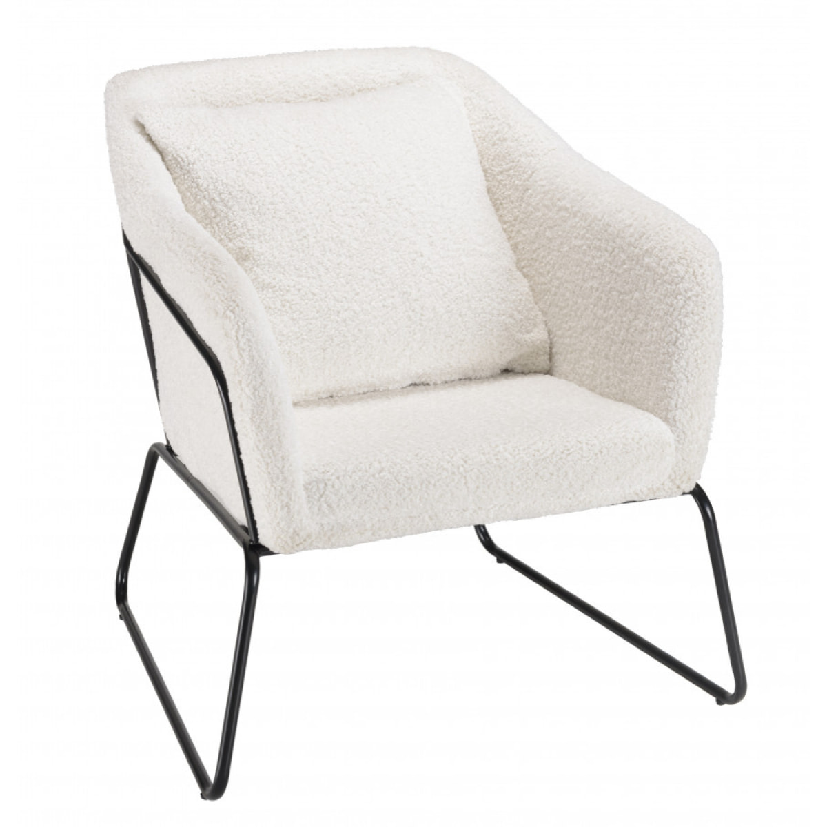 ALBANE - Fauteuil tissu bouclette blanc pieds évasés métal noir