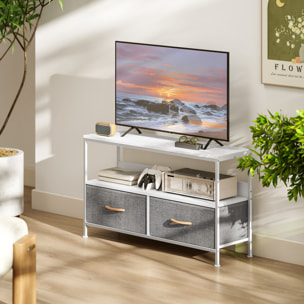 Mueble de TV, Mesa de TV con Estante y 2 Cajones de Tela Plegables, para Televisores hasta 47 Pulgadas, Largo de 98 cm, para Salón, Dormitorio, Blanco y Gris