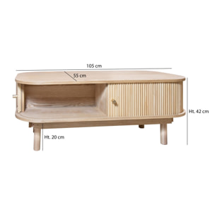 Table basse ovale en bois de pin et portes coulissantes 105cm HECTOR