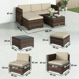 Conjunto de Jardín de Ratán de 5 Piezas, Conjunto Terraza Resistente, Muebles Jardín Exterior Incluye Cojines, 2 Sillones de Esquina, Sillón sin Brazos, Reposapiés y Mesa Centro, Caqui