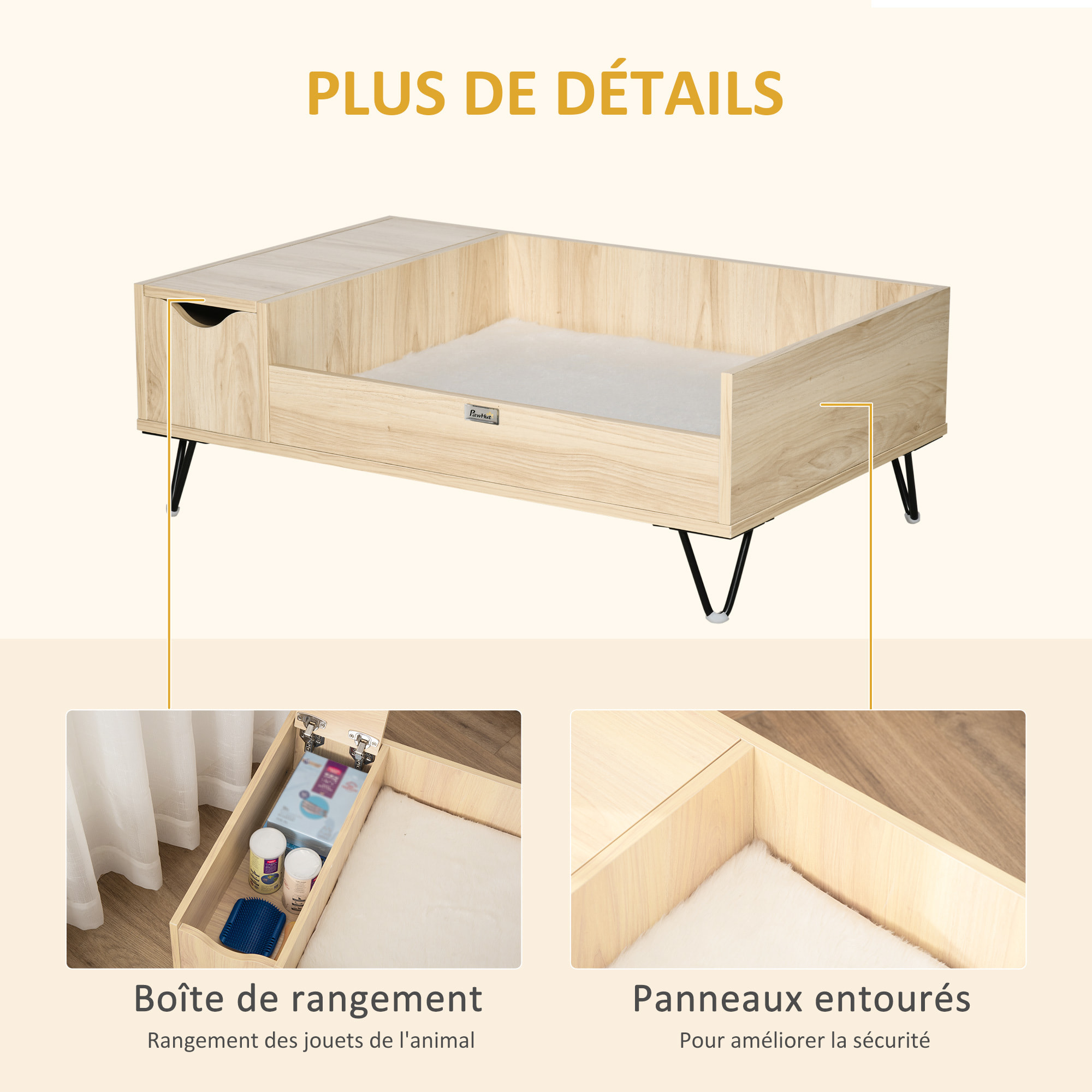 Canapé chien chat style cosy naturel - coussin aspect fourrure blanc et coffre inclus - dim. 89L x 56l x 31H cm - pieds acier en épingles lit MDF aspect bois clair naturel