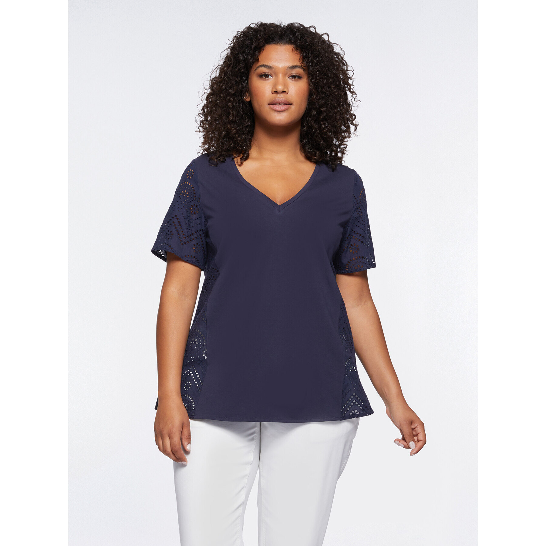 Fiorella Rubino - Camiseta con aplicaciones de bordado inglés - Azul