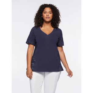 Fiorella Rubino - Camiseta con aplicaciones de bordado inglés - Azul
