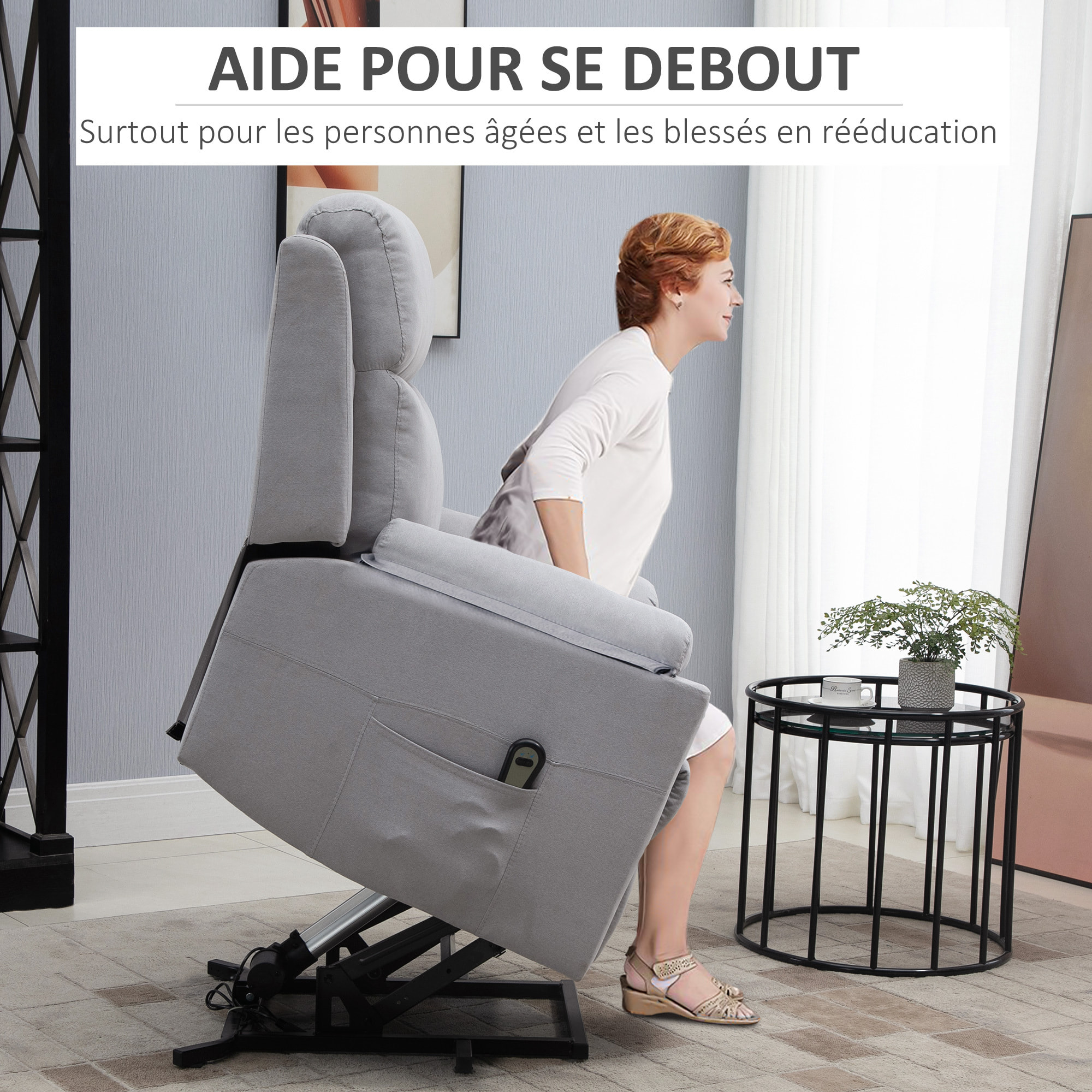 Fauteuil de relaxation électrique - fauteuil releveur inclinable avec repose-pied ajustable et télécommande - tissu aspect lin gris clair