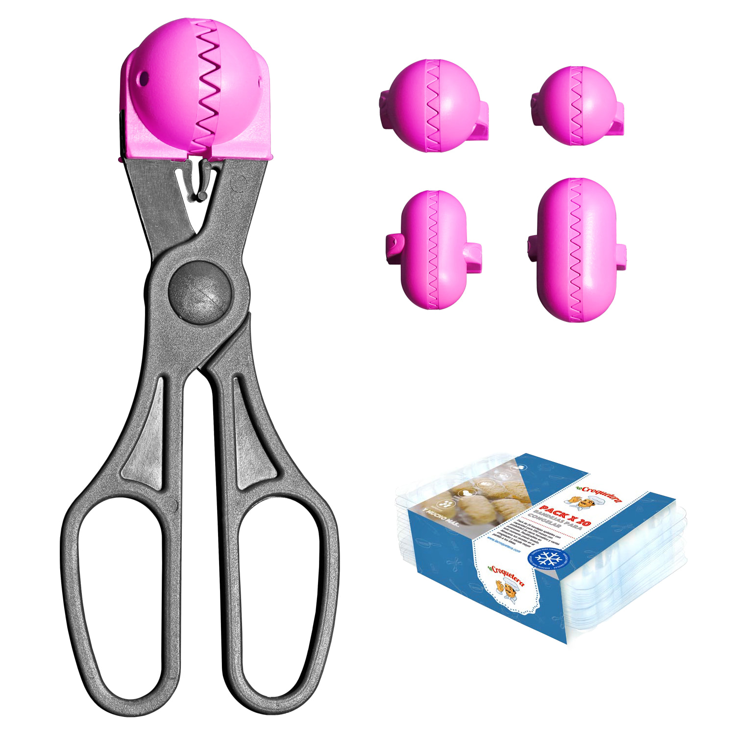 Pack utensilio multiusos con 4 moldes intercambiables color rosa + 20 bandejas de conservación - La croquetera: patentado y fabricado en España