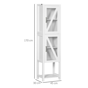 Columna Auxiliar de Baño Armario Alto de Baño Estantería para Baño con 2 Puertas de Vidrio Estantes Ajustables y Estante de Almacenamiento 45x30x170 cm Blanco