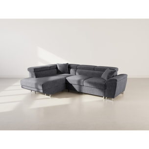 Baoji - Canapé d'angle gauche 5 places convertible avec têtières et coffre en velours côtelé - Gris