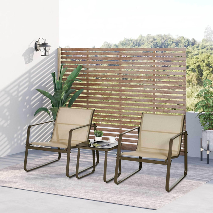 Outsunny Conjunto de Muebles de Jardín 3 Piezas Mesa de Vidrio Templado 43x43x41 cm y 2 Sillas 62x78x75 cm con Reposabrazos y Respaldo Transpirable para Terraza Balcón Caqui