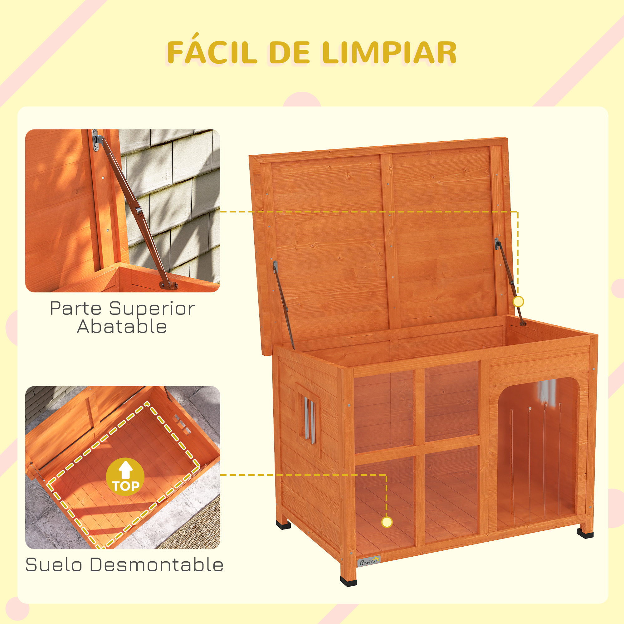 PawHut Caseta para Perros Exterior Casa para Perros Pequeños y Medianos con Techo Asfáltico Abatible Puerta con Cortina Panel Frontal Transparente y Base Extraíble 90x62x71 cm Natural