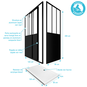 Pack Porte coulissante 120x200 + paroi retour et panneau aluminium composite + receveur 120x90
