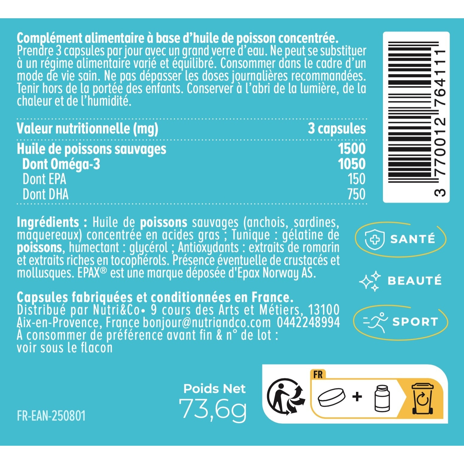 Nutri&Co Omega3 Huile de Poissons Sauvages EPAX®, Haute Concentration - 120 gélules