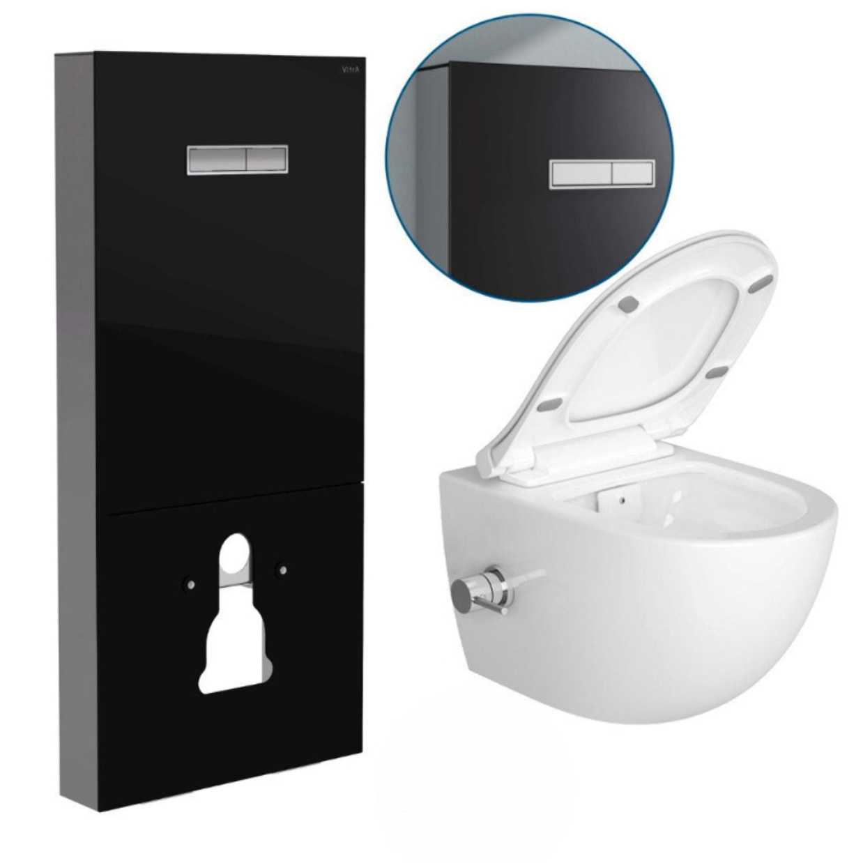 Pack WC Bâti support en verre trempé/aluminium brossé avec plaque intégrée, Noir + WC sans bride SAT, fonction bidet