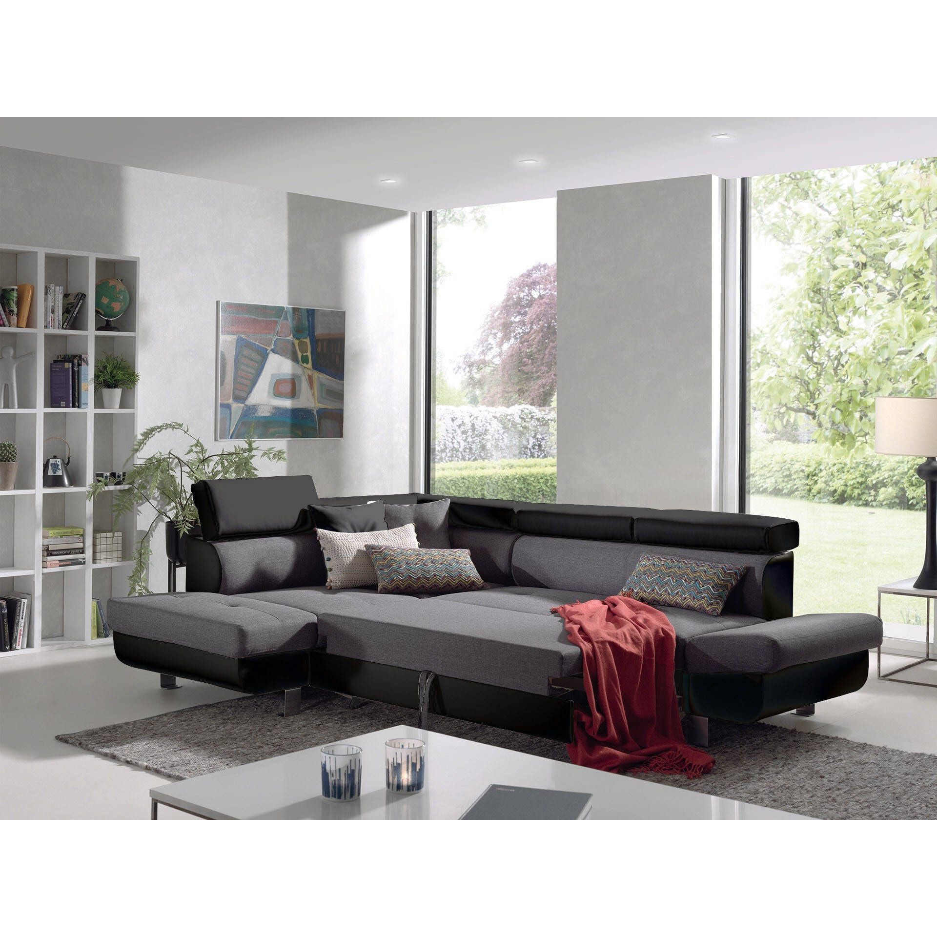 Lisbona - Canapé d'angle gauche convertible - 5 places - avec têtières - Noir / Gris