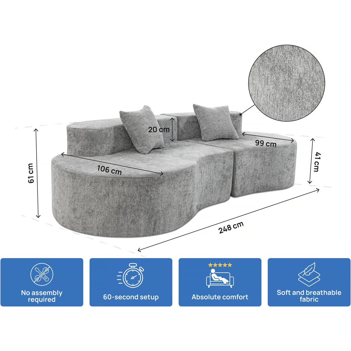 Canapé virgule en tissu texturé "Avola" - 3 places - Gris