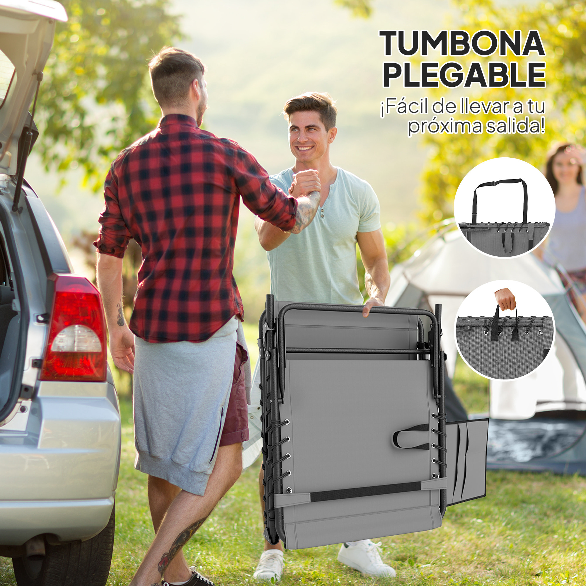 Tumbona Plegable, Tumbona Jardín Exterior con Respaldo Ajustable, Reposacabezas, Bolsillo Lateral, Bandeja y Estructura de Acero, Carga 120 kg para Terraza Piscina Playa, 190x60x31 cm, Gris