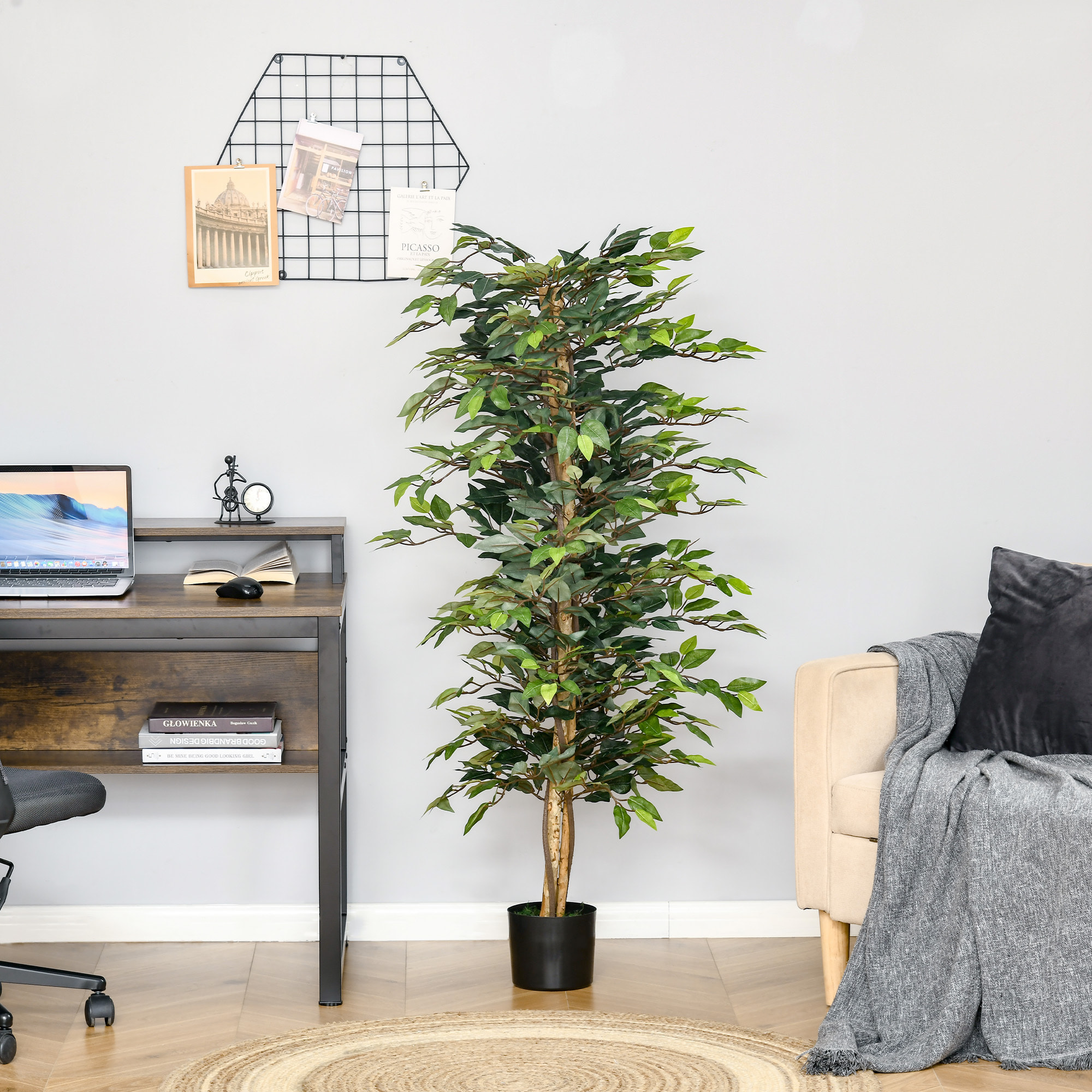 Arbre artificiel plante artificiel ficus hauteur 1,5 m tronc branches liane lichen feuilles grand réalisme pot inclus