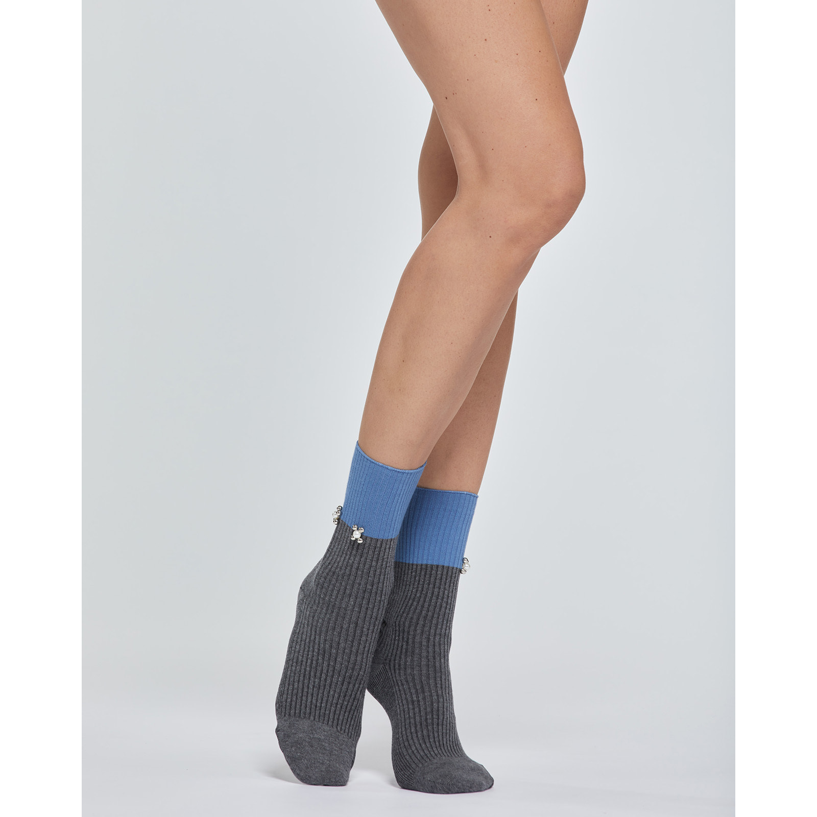 CALZA COTONE AZZURRA A COSTINE CON APPLICAZIONI LATERALI