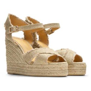 Sandalia de cuña Bromelia en lino metalizado con cierre de pulsera