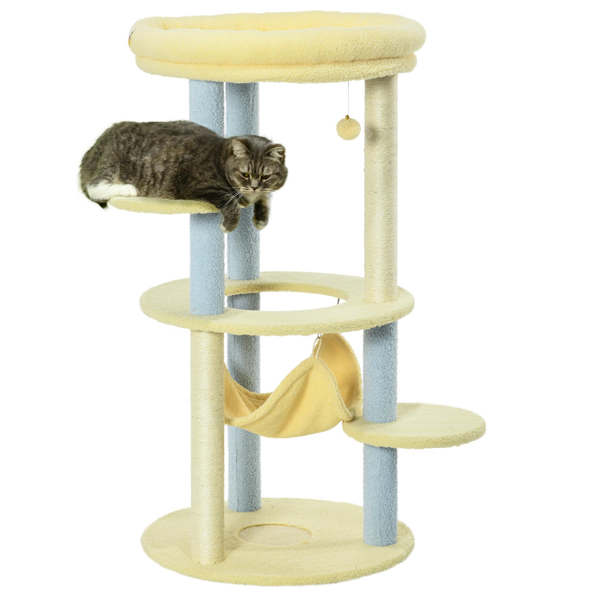 Árbol Rascador para Gatos Mediano 110 cm Torre para Gatos Centro de Actividades para Gatitos con Hamaca Poste de Sisal y Bola Colgante Ø58x110 cm Amarillo y Azul