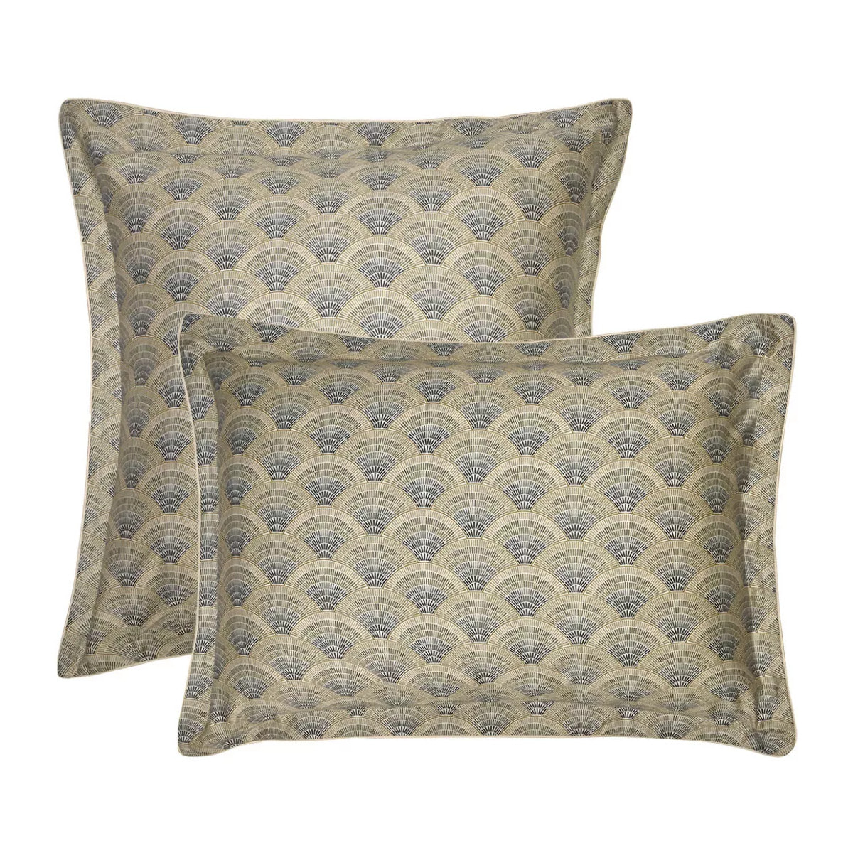 Taie d'oreiller satin de coton imprimé beige Eventails argile