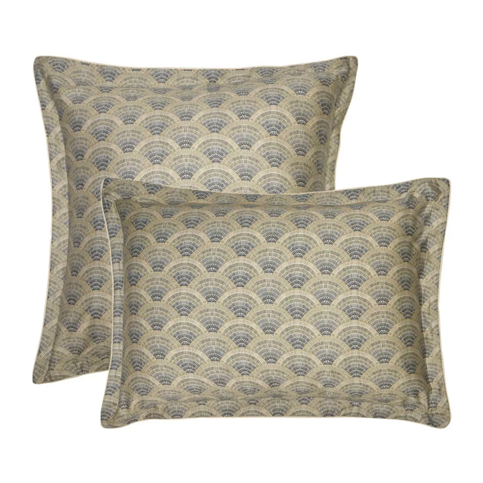 Taie d'oreiller satin de coton imprimé beige Eventails argile