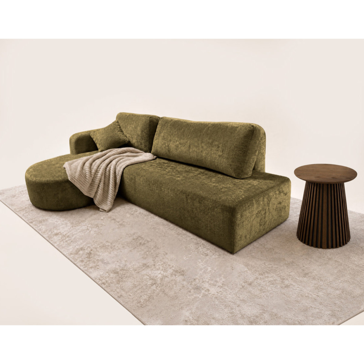 Miro - Canapé d'angle gauche 4 places convertible avec coffre en velours texturé - Vert Olive