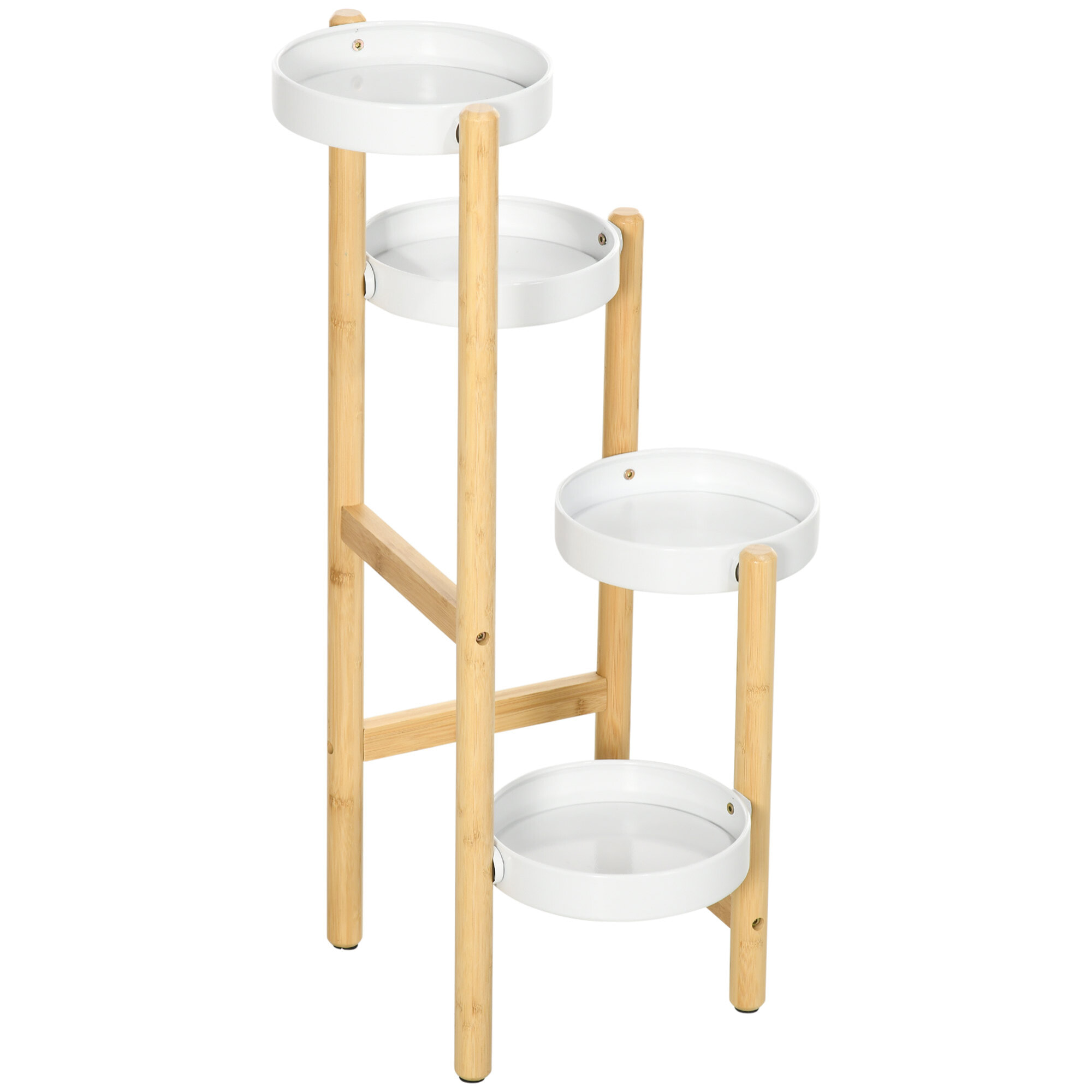 Soporte para Plantas Estantería para Plantas con Pies de Bambú Estantería para Flores con 4 Estantes Redondos Carga 20 kg para Interior y Exterior Ø28x80 cm Natural y Blanco