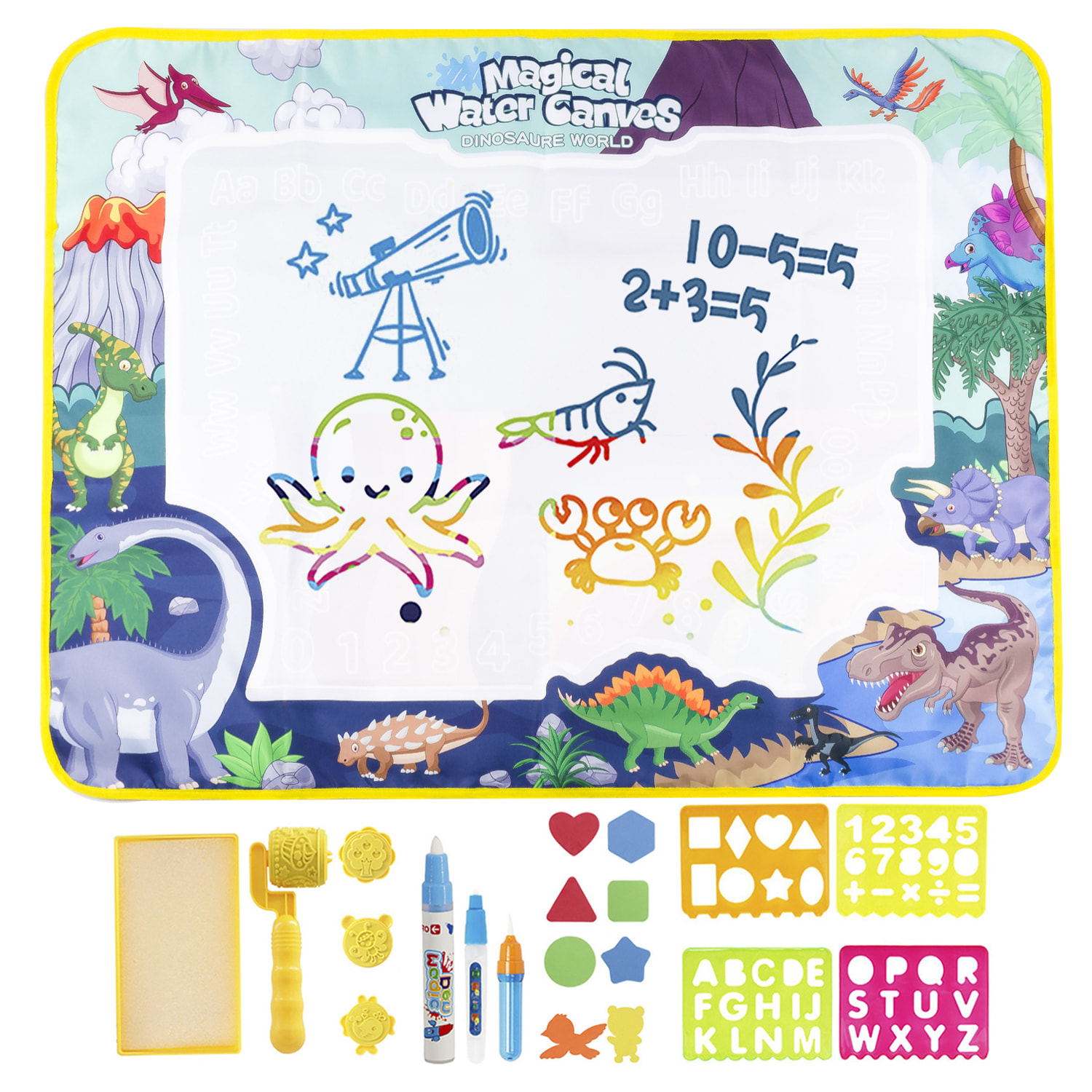 Pizarra infantil para dibujar con agua de 100x80cm. Diseño dinosaurios. Incluye 3 rotuladores de agua, plantillas de dibujo y escritura, 4 tampones con formas y 8 figuras de EVA.
