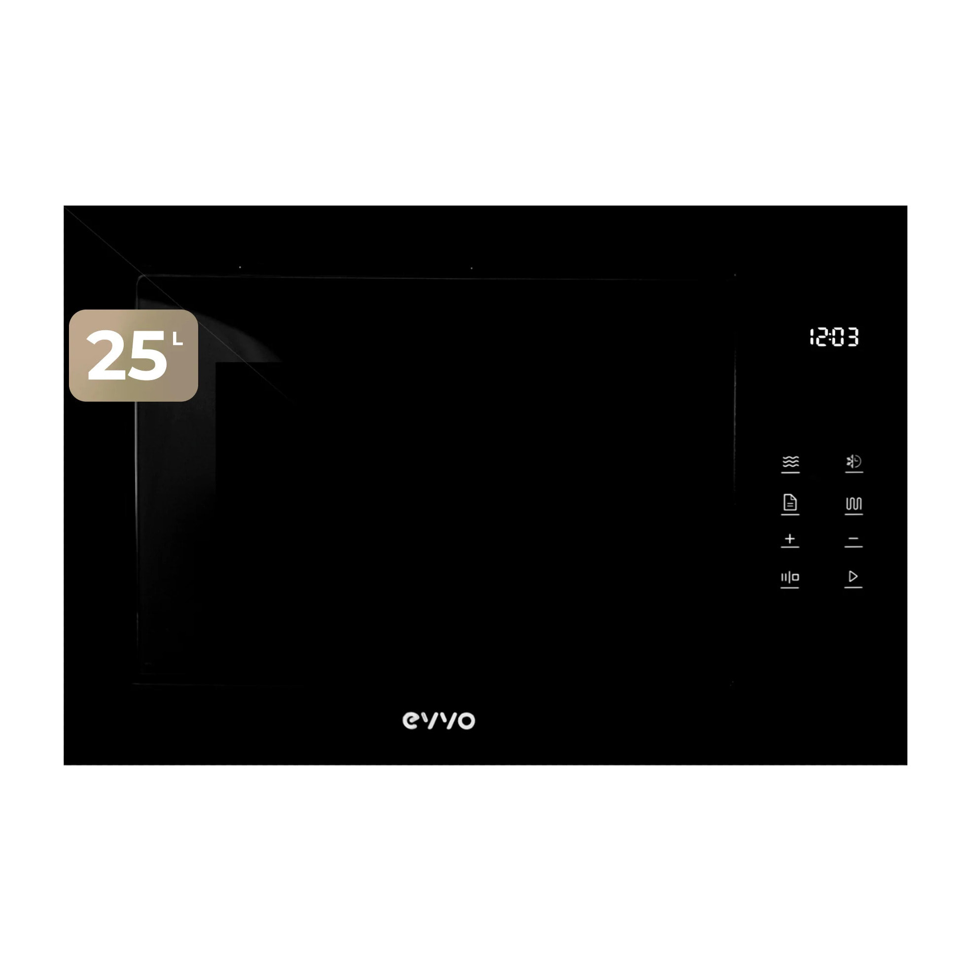 EVVO Microondas integrable Mi45 Glass Black, 25L, grill 1200W, 8 funciones, multifunción, temporizador 60 min, display digital, negro.