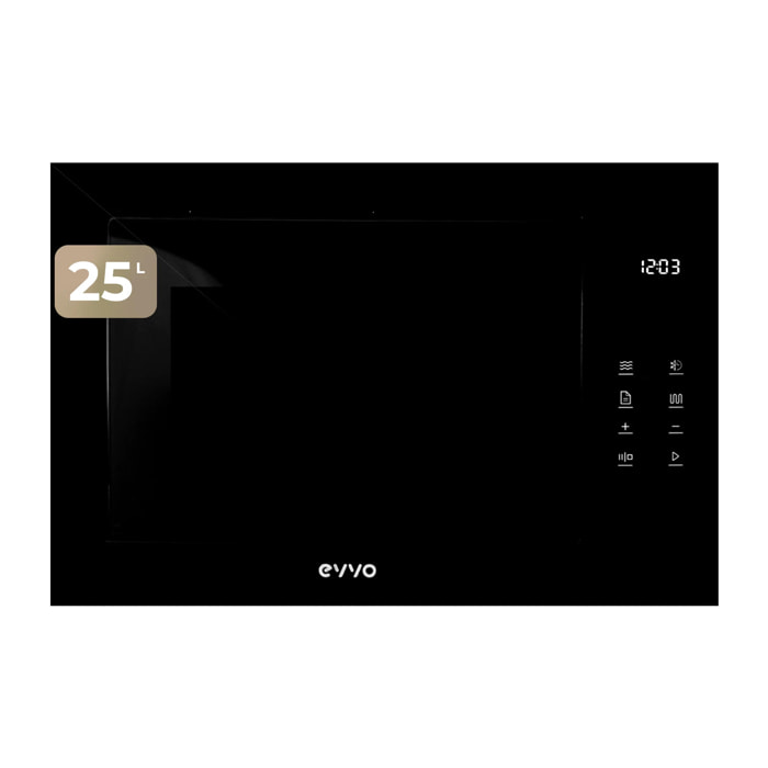 EVVO Microondas integrable Mi45 Glass Black, 25L, grill 1200W, 8 funciones, multifunción, temporizador 60 min, display digital, negro.