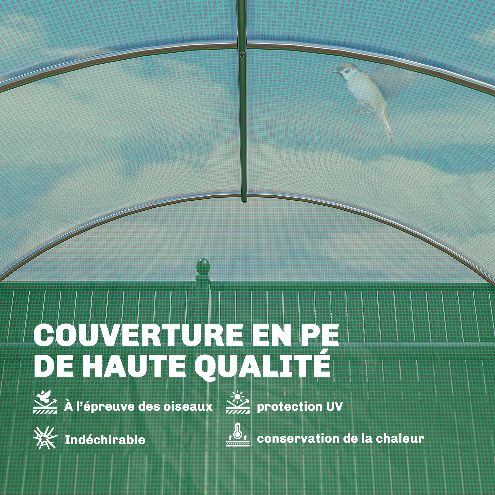 Serre tunnel de jardin 18 m² porte 12 fenêtres enroulables acier PE vert
