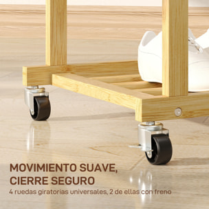 Burro Ropa, Perchero Colgador de Ropa de Bambú con Ruedas, con Zapatero, 2 Barras para Colgar, para Entrada, Pasillo, Dormitorio, 80x40x160 cm, Natural