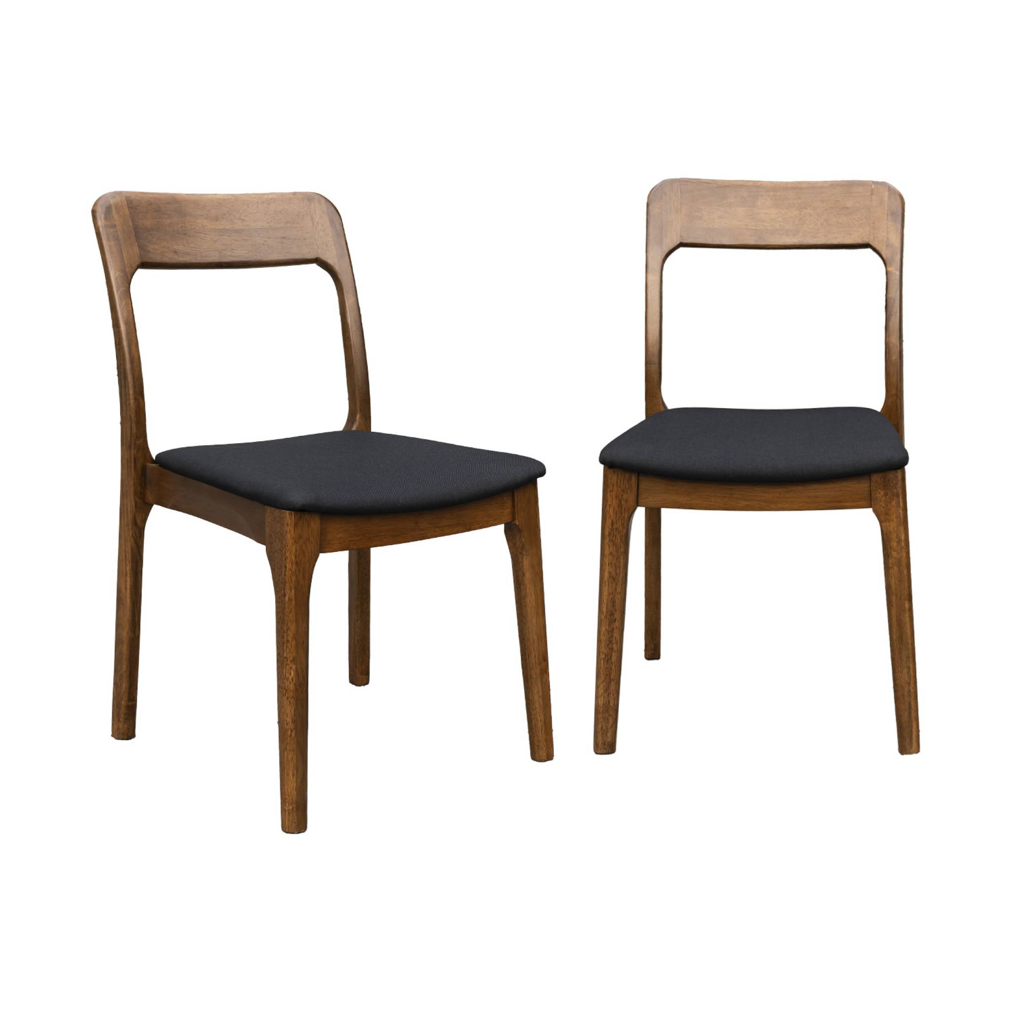 Chaise vintage en bois d'hévéa teinte noyer et tissu noir. L 48 x P 58 x H 81.5cm (Lot de 2)