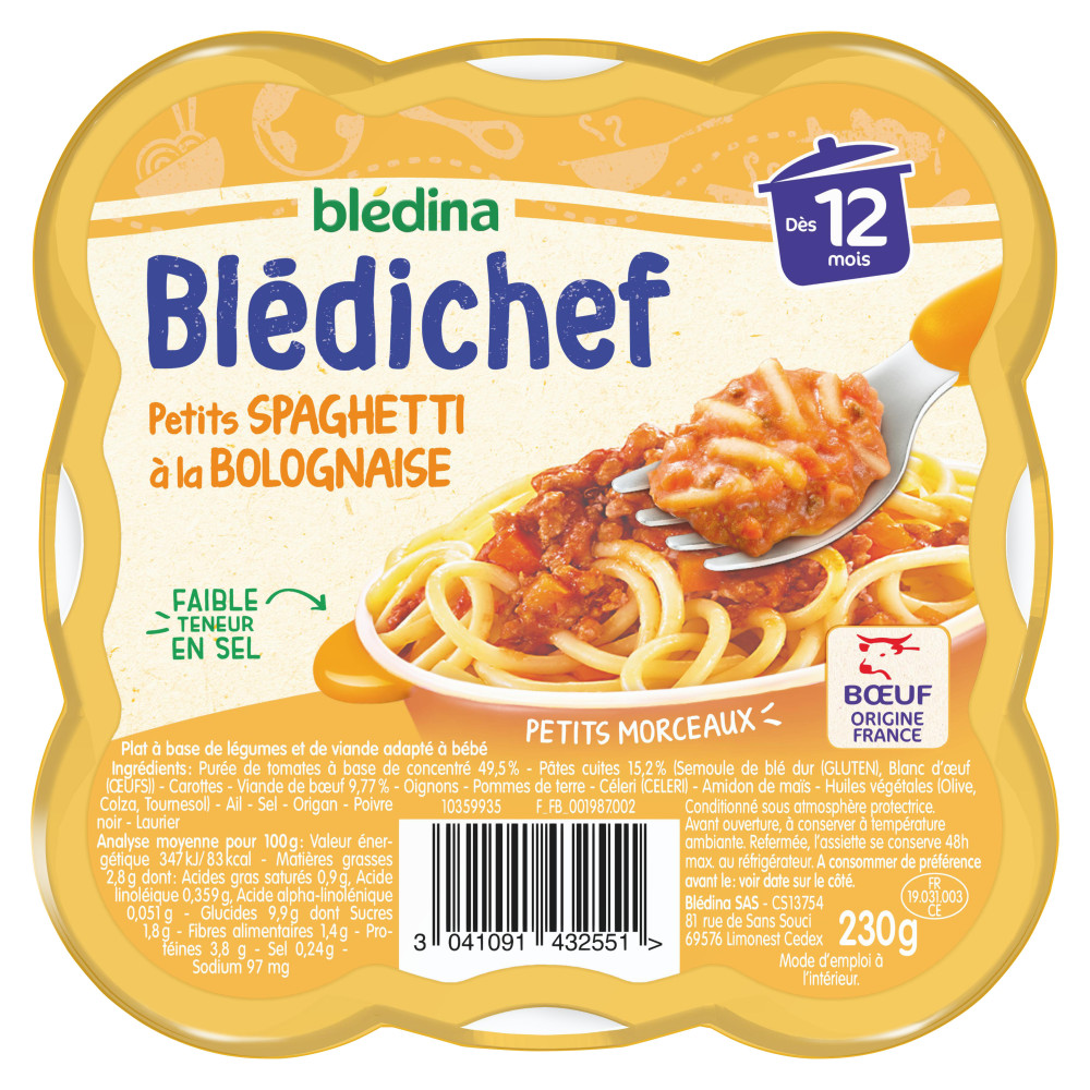 9 Assiettes Spaghetti à la Bolognaise (9x230g) - Blédichef Dès 12 Mois