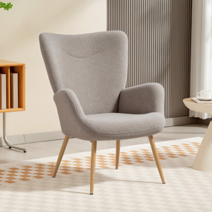 Fauteuil bouclette design à oreilles piètement métal effet bois gris