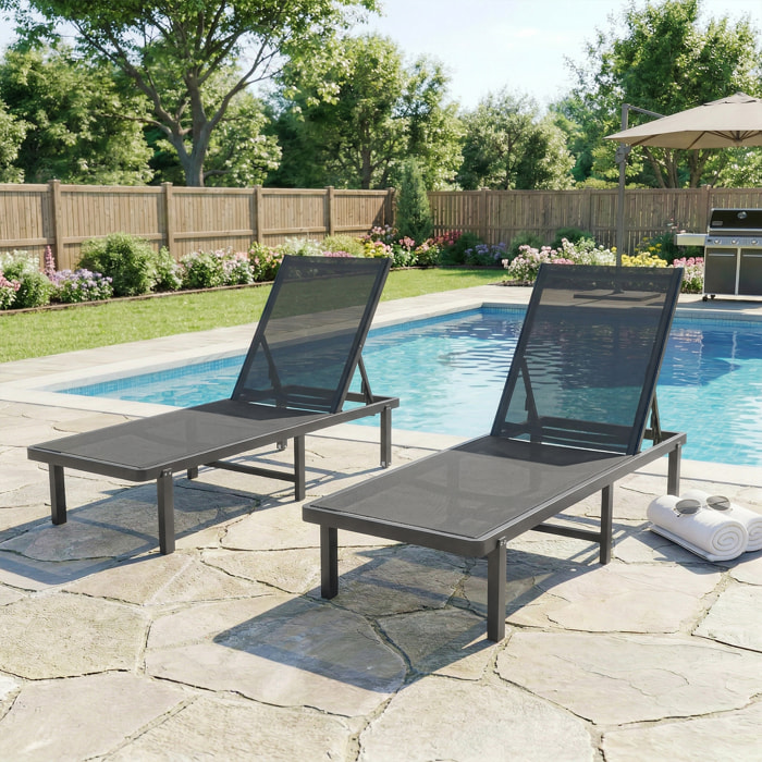 Pack de 2 Tumbonas de Jardín Exterior, Tumbonas Reclinables con Ruedas, Respaldo Ajustable de 4 Niveles, Estructura de Aluminio y Tela Textilene, Resistentes, para Playa, Piscina, Gris Oscuro