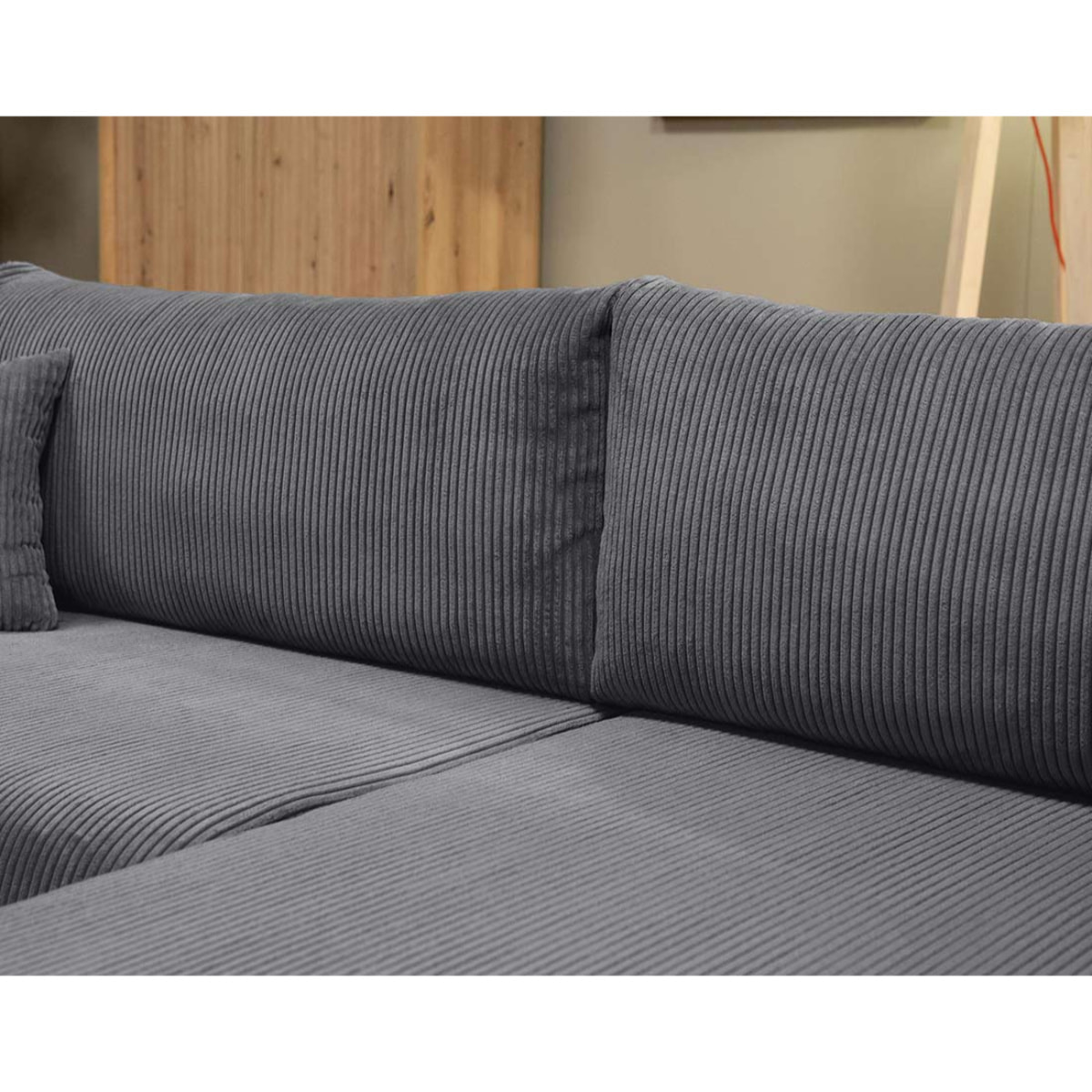 Naomi - Canapé d'angle réversible 4 places convertible avec coffre en velours côtelé - Gris foncé