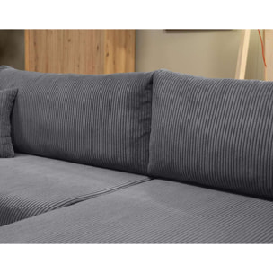 Naomi - Canapé d'angle réversible 4 places convertible avec coffre en velours côtelé - Gris foncé