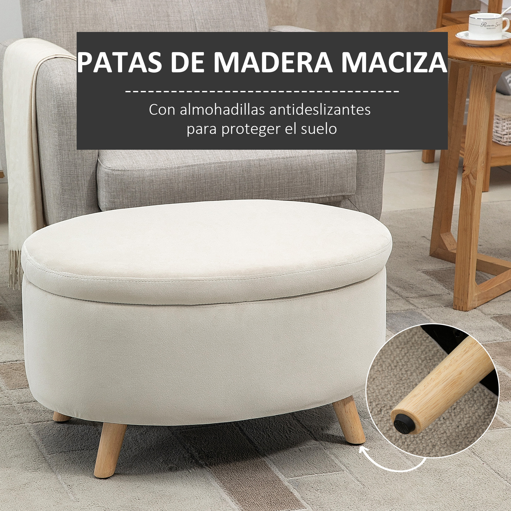 HOMCOM Otomano Puff Tapizado en Terciopelo Acolchado Taburete de Almacenaje Elíptico con Tapa Extraíble y Patas de Madera para Dormitorio Salón Pasillo 71x51,5x42 cm Beige