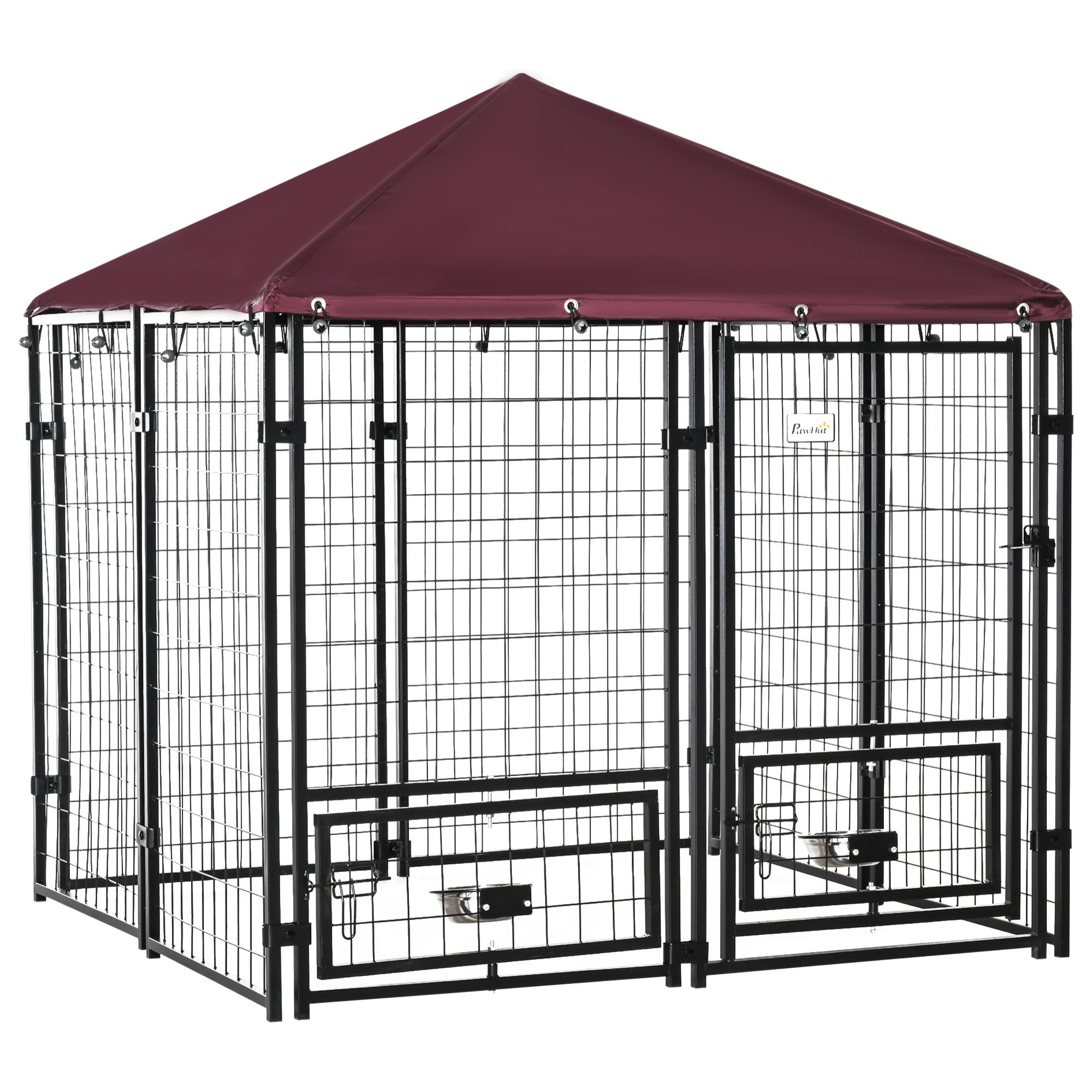 Perrera de 8 Paneles Parque para Perros Metálica de Exterior con 2 Soportes Giratorios para Comida 2 Cuencos y Toldo de Impermeable y Anti-UV 141x141x153 cm Negro y Rojo