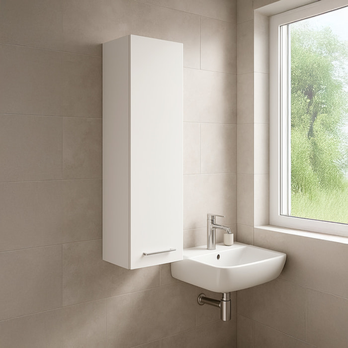 Pensile Da Bagno Sospeso Con 1 Anta E Ripiano Regolabile Mobile Armadietto Moderno Scaffale Salvaspazio In Melamina 85 x 30 x 25 Cm Bianco Lucido