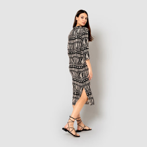 Vestido midi bambula detalles plisados tepec beige/negro
