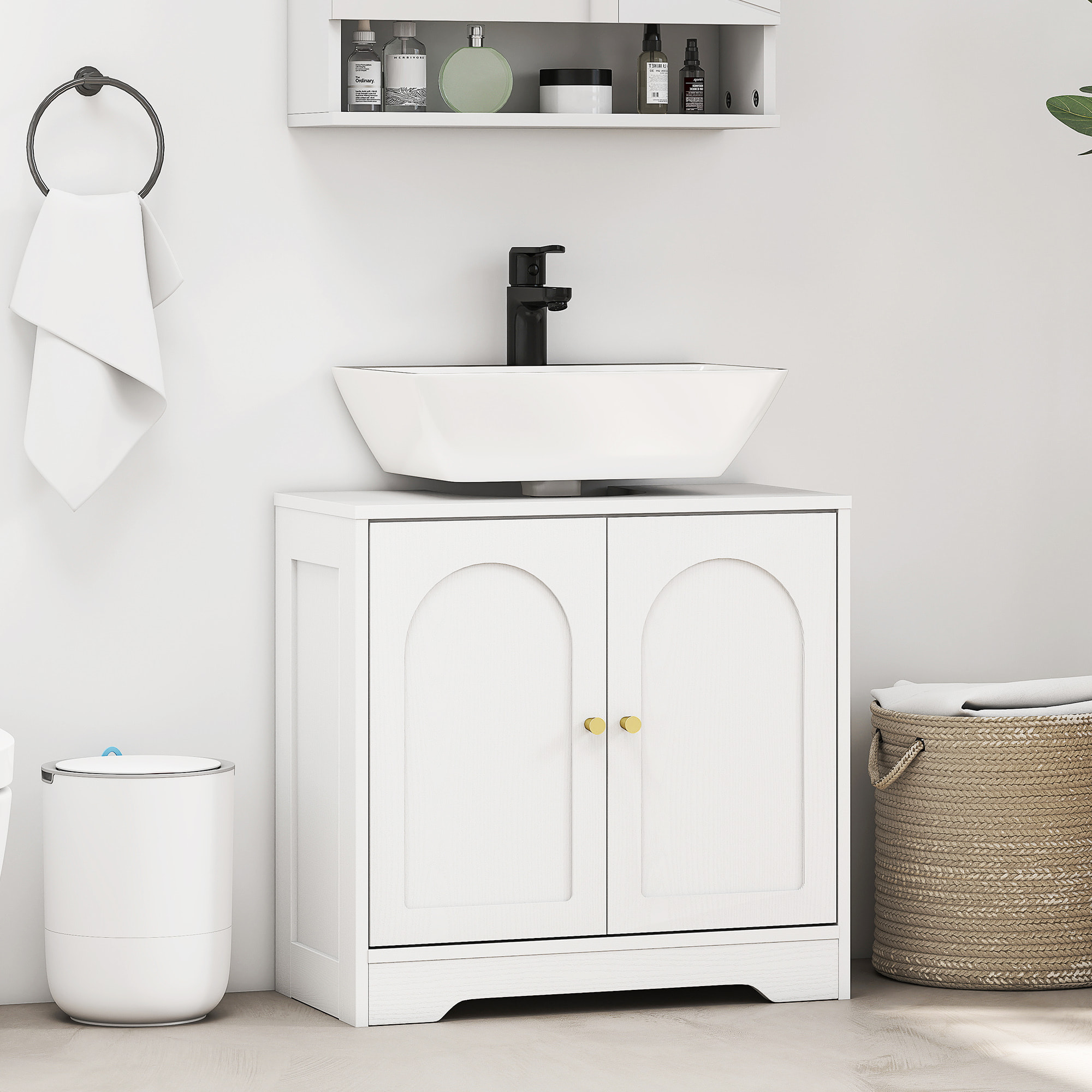 Mueble bajo Lavabo Mueble de Baño con 2 Puertas con Diseño de Arco Estante Ajustable Tiradores Dorados para Lavabo con o sin Pedestal 60x30x65 cm Blanco