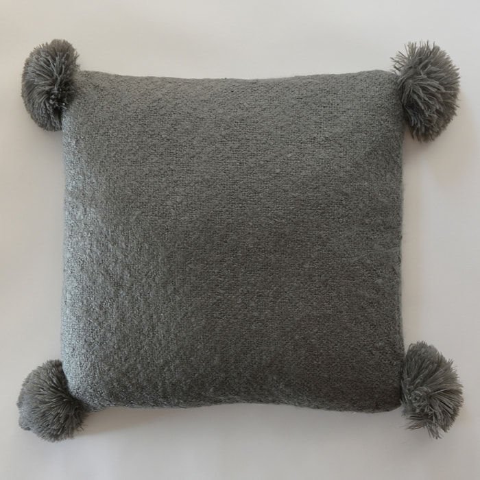 Coussin  - Effet laineux à pompons - Gris anthracite